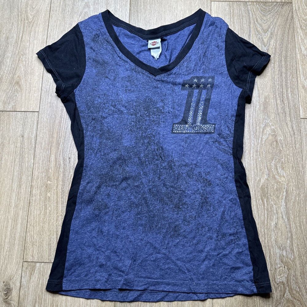 Harley-Davidson Steel City Blue Black Rhinestone V-Neck T-Shirt Women Small